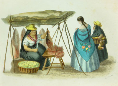 Vendedora de carne y carnicero de Bogotá. Acuarelas de Ramón Torres Méndez. Álbum de Cuadros de Costumbres. París, A. de la Rue, 1860.